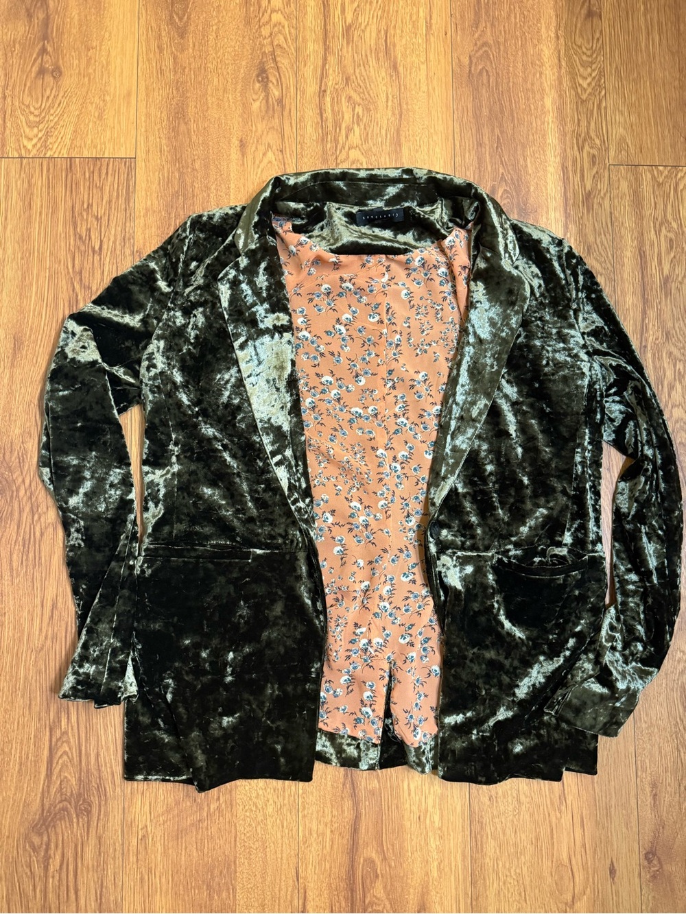 Sanctuary Olive Velvet Blazer with Peach Floral Lining